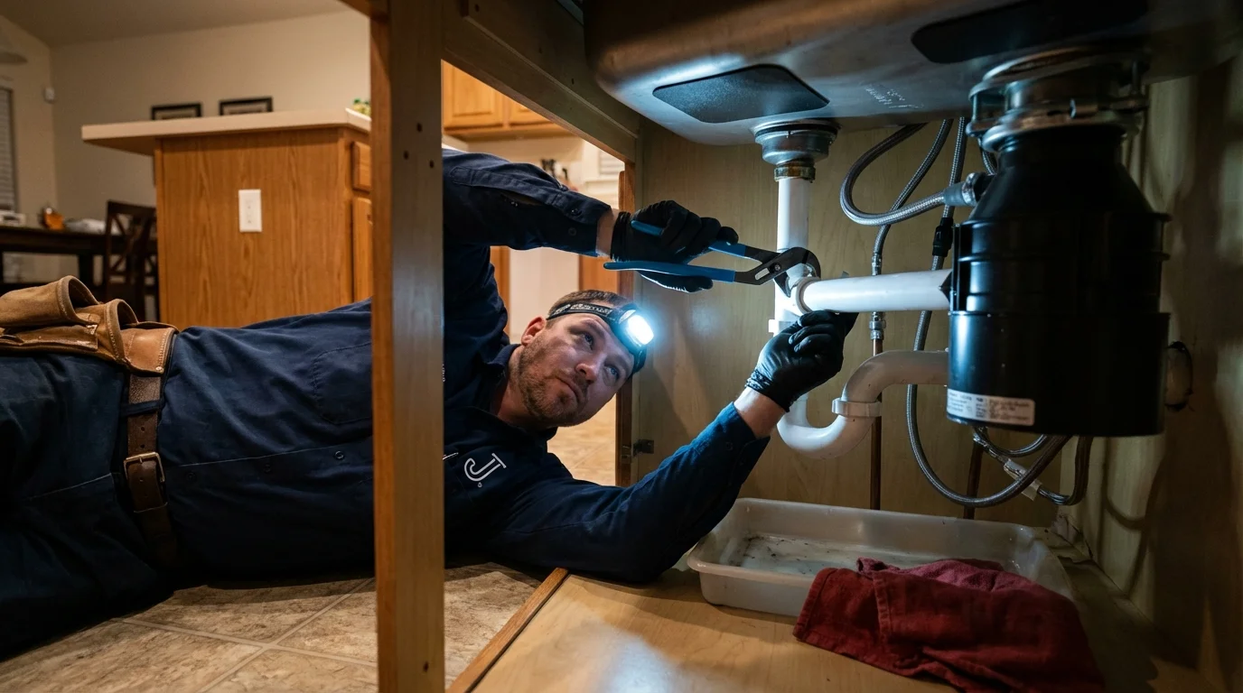P-trap and supply line connections under a kitchen sink showing a common leak point in Cando, ND